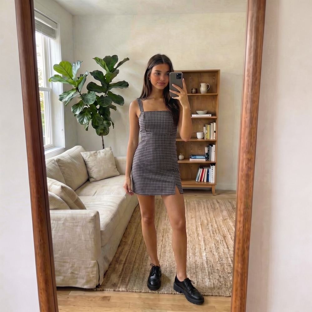 Hollister Plaid Mini Dress Small Black Red Stretch Preppy Academia 90s Y2K